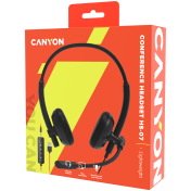 CANYON HS-07, Super light weight conference headset 3.5mm stereo plug,with PVC cable 1.6m, extra USB sound card with PVC cable 1.2m, ABS headset material, size: 16*15.5*6cm. Weight: 100g, Black