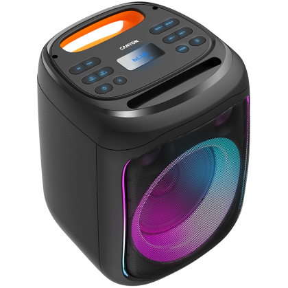 CANYON OnFun 5, Partybox speaker,Spec: speaker drivers: 6.5''+1.5'tweeter Power Output : 40W Lithium Battery : 7.4v 3600mAh Function : AUX+TF+MIC+BT+USB+DSP+EQ+ehco+. Color: Black body,orange handle.
